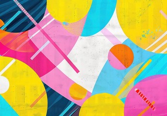 Poster - colorful abstract geometric mural with overlapping circles, diagonal lines, and bold vibrant colors evoking energy and playfulness
