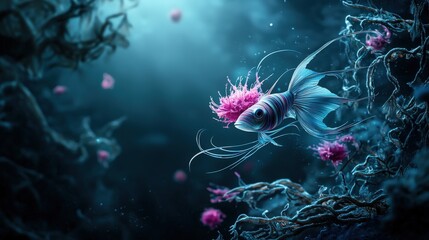 Poster - Graceful ribbonfish gliding through deep ocean waters digital illustration underwater scene surreal perspective