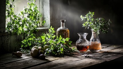 Poster - Still life arrangement of herbs and bottles wooden table photography indoor close-up nature's essence