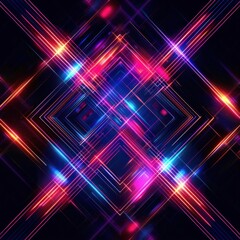 Poster - Abstract geometric pattern of intersecting neon light beams in vibrant pink, blue, and orange colors creating a dynamic and futuristic glowing effect
