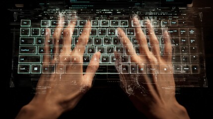 Aufkleber - Focused individual typing on laptop as technology and ai revolutionize traditional office work dynamics