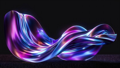 Poster - Abstract flowing metallic fabric with smooth curves and reflective surface in vibrant purple, blue, and pink hues against a dark background, evoking a sense of fluidity and elegance