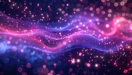 Poster - Abstract flowing waves of sparkling pink and purple light particles creating a dreamy and magical atmosphere with bokeh effect