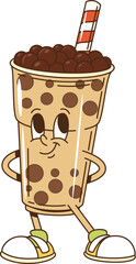 Poster - Groovy bubble tea drink character in retro cartoon with funny face, vector comic personage. Groovy bubble tea cup of chocolate or cocoa milk and drinking straw, funky happy character for emoji