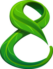 Fototapete - Fresh green leaf font digit 8 eight. Green leaf math type numeral symbol, clean ecology cartoon isolated vector typeface number. Nature plant kids ABC font figure or alphabet typeface digit