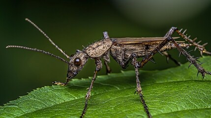 Poster - Stick insect walking on green leaf macro photography nature close-up insect behavior detailed view