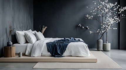 Fototapete - Minimalist bedroom with platform bed modern design elegant linens serene environment aesthetic perspective