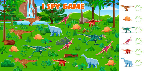 Aufkleber - I spy game with prehistoric dinosaurs for kids puzzle worksheet, vector template. I spy game quiz to find and match same picture of Jurassic dinosaurs, lizards and reptiles in prehistoric forest