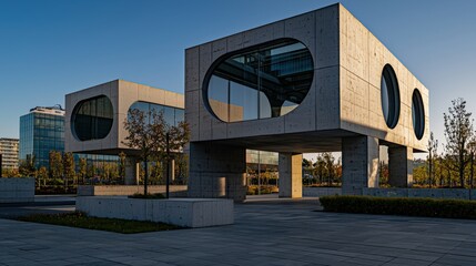 Aufkleber - Modern architectural design featuring circular windows urban landscape building structure minimalist aesthetic