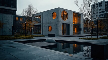 Poster - Minimalist architecture with circular windows urban park photography evening light contemporary design