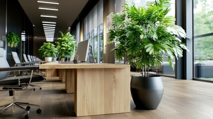 Poster - Contemporary urban home office light wood furniture and potted plants in modern interior design