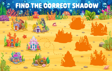 Aufkleber - Kids game worksheet to find the correct shadow of underwater fairytale houses, vector quiz puzzle. Find and match correct shadow silhouette of same underwater house or undersea homes in seashells