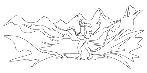  Continuous one line drawing tourist with a map. Traveler with a backpack and in shorts against the background of mountains. Mountain landscape.One continuous line isolated minimal illustration.Not AI.