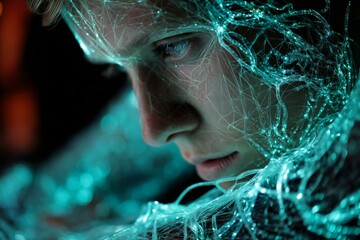 Poster - Person enveloped with holographic neural pathways, intricate interconnected webs of teal energy, symbolizing innovative technology
