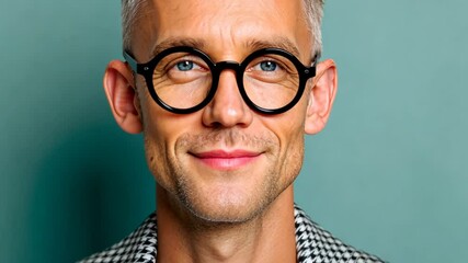 Poster - Man wearing glasses and a checkered jacket is smiling. He looks happy and confident. Concept of positivity and self-assurance