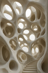 Poster - Architectural Interior with Cellular Structure: This image features a unique architectural design with an intriguing cellular structure and a staircase, inviting a sense of wonder.