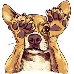 Poster - Whimsical illustration of a playful corgi peeking through its paws on a clean backdrop