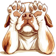 Poster - Whimsical dog illustration playfully hiding eyes with paws on transparent canvas