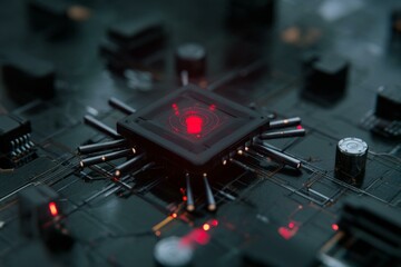 Poster - Futuristic Microchip with Glowing Red Center and Integrated Circuitry, Cyberpunk Tech Visual
