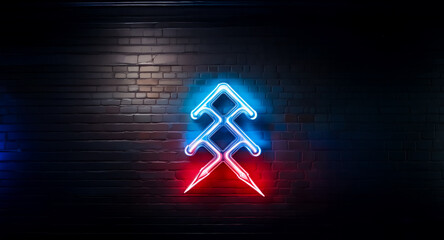 Poster - glowing neon artwork of an abstract stylized tree on a dark brick wall. blue and red neon lights cre