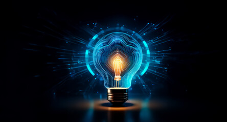 Poster - a glowing lightbulb, imbued with digital energy, radiates innovation and technological advancement. 
