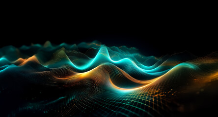 Fototapete - Abstract digital landscape with glowing teal and amber waves undulating across a dark background.  The texture is granular, suggesting depth and movement.
