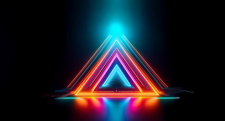 Poster - vibrant neon triangles glow brightly in the dark, creating a symmetrical, futuristic scene with ligh