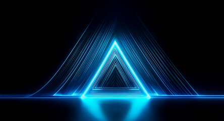 Poster - glowing blue neon triangles form a symmetrical, futuristic portal against a dark background. reflect