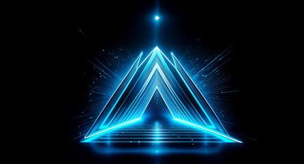 Poster - a vibrant, glowing blue pyramid-shaped structure with sharp edges and neon lighting effects on a dar