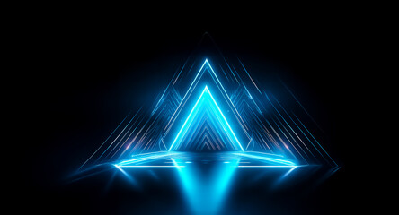 Poster - glowing blue neon lines form a symmetrical triangle, creating an illuminated gateway against a dark 