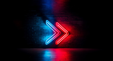 Aufkleber - vibrant red and blue neon arrows point right, illuminated against a dark brick wall. the glowing sig