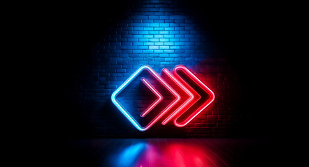 Poster - vibrant red and blue neon arrows and diamonds glow against a dark brick wall. the light reflects on 