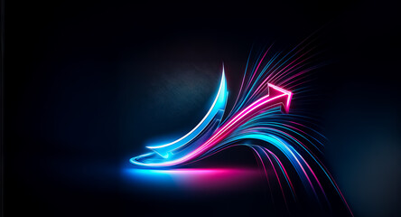 Aufkleber - a vibrant, upward-pointing arrow composed of glowing neon blue and pink light trails against a dark 