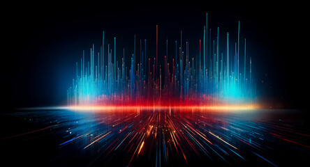 Poster - abstract digital cityscape at night. vibrant blue, red, and orange light streaks create a futuristic