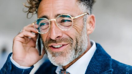Poster - Man with glasses is smiling and talking on his cell phone. He is wearing a blue suit and a white shirt