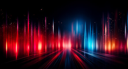 Poster - Abstract digital art depicting a futuristic cityscape at night.  Vibrant red and blue neon lights illuminate a dark, empty road, creating a sense of speed and energy.