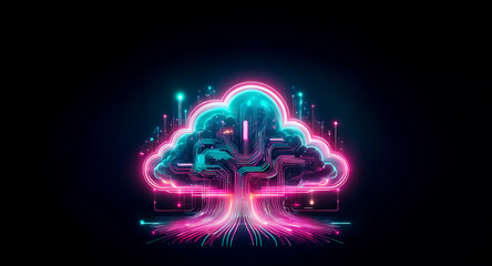 Poster - glowing neon cloud shaped like a tree, vibrant pink and teal, digital data streams flowing from its 