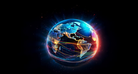 Poster - a glowing orb, depicting earth with vibrant energy streams, set against a dark backdrop. the image c