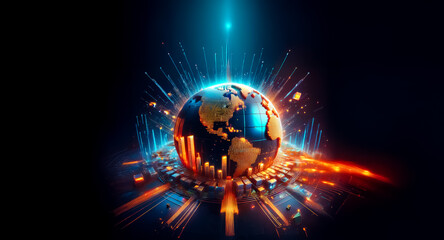Poster - a stylized earth glows with vibrant energy, surrounded by dynamic, futuristic light trails and abstr
