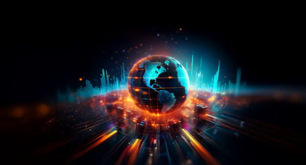 Wall Mural - a vibrant, glowing earth surrounded by dynamic energy streams and fiery particles, suggesting techno