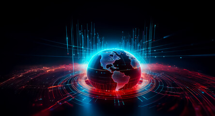 Poster - a digital rendering of earth, encircled by glowing red and blue energy streams, suggesting global co