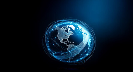 Poster - glowing blue digital globe, continents subtly outlined, surrounded by energy lines against a dark ba