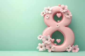 Poster - A soft pink number eight decorated with flowers and hearts against a pastel green background