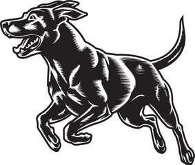 Wall Mural - a bold vector design featuring a black linear silhouette of a dog in mid jump with open mouth showin