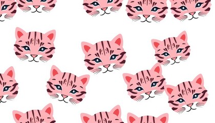 Naklejka na meble Seamless vector pattern of cute pink-skinned tiger cat faces in Scandinavian style, ideal for nursery decor, pastel, wildcat
