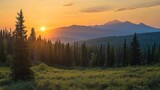 Majestic sunrise over golden mountains and lush evergreen forest landscape sky fir view calm pine
