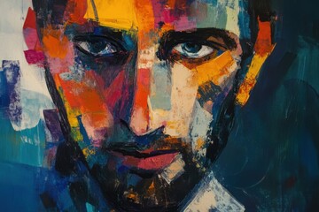 Poster - Abstract portrait of a man with beard and blue eyes in vibrant colors and thick brushstrokes style art