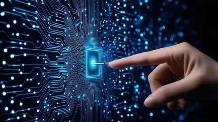 Poster - Hand Touching Digital Circuit Board with Glowing Blue Lights