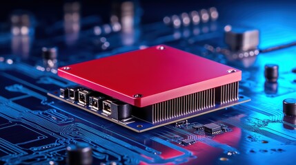 Poster - Red electronic circuit board component on blue technology background