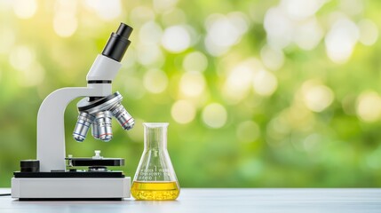 Poster - modern microscope and laboratory flask with bright green background